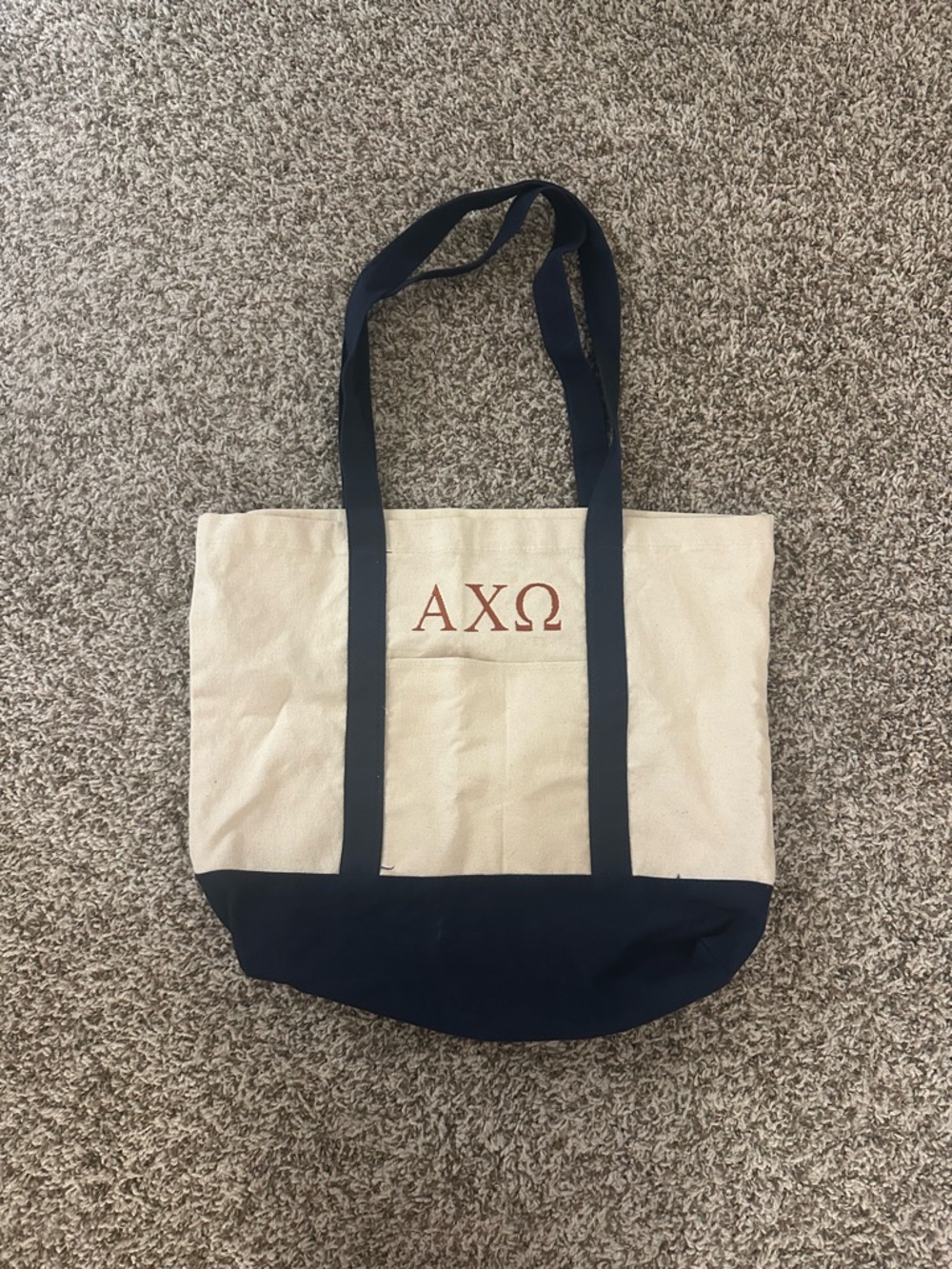 Alpha Chi Omega Canvas Tote Bag with Navy Trim and Burnt Orange Embroidery